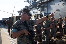 Sgt. Maj. Eric Cayson, battalion sergeant major, Combat Logistics Battalion 26, organizes the staging area at the docks aboard Naval Operations Base Norfolk, Aug. 30. Marines and sailors of CLB  26 attached to the 26th Marine Expeditionary Unit, based at Marine Corps Base Camp Lejeune, N.C., in preparation to embark on LHD-3 in support of relief operations taking place in Houston, Texas, in response to Hurricane Harvey. (Marine Corps Photo by Master Sgt. Ryan O’Hare/Released)