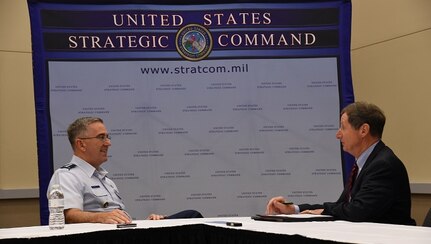 Gen. John E. Hyten, commander of U.S. Strategic Command, talks with Strategic Studies Quarterly about 21st-Century deterrence, at the CenturyLink Center, Omaha, Neb., July 27, 2017.