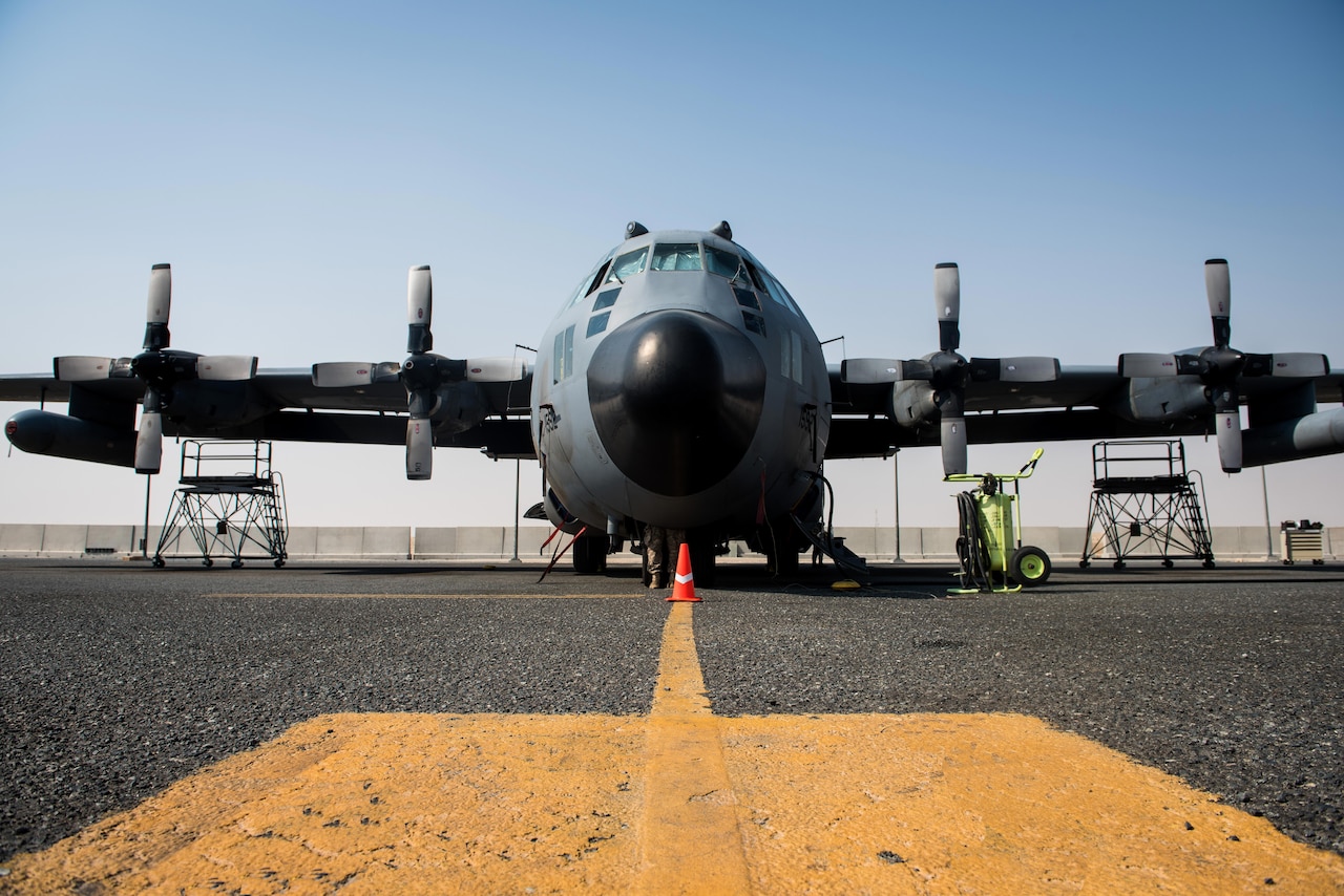 A large aircraft receives maintenance.