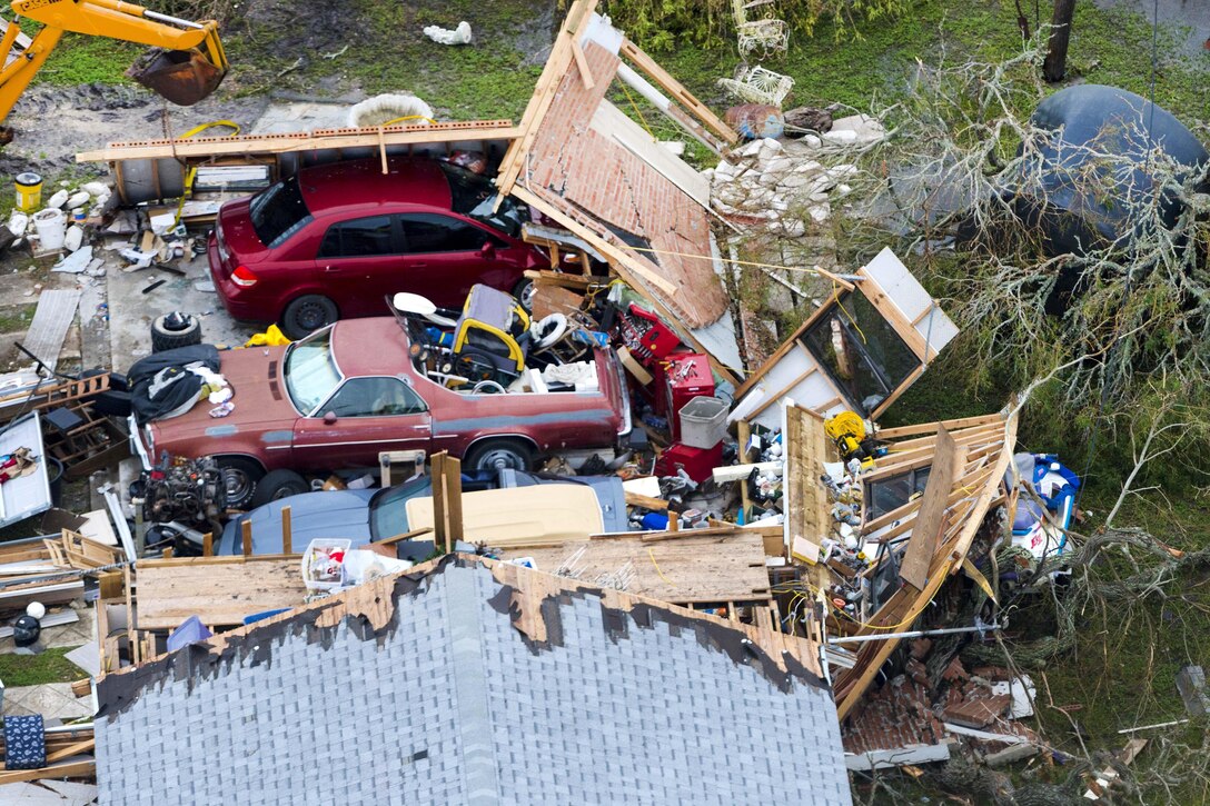 An aerial shot shows severe devastation and flooding caused by Hurricane Harvey.