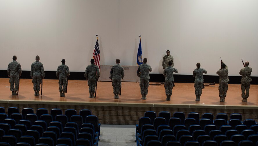 U.S. Air Force Airmen with the 379th Air Expeditionary Wing practice rifle movements at Al Udeid Air Base, Qatar, Aug. 9, 2017.
