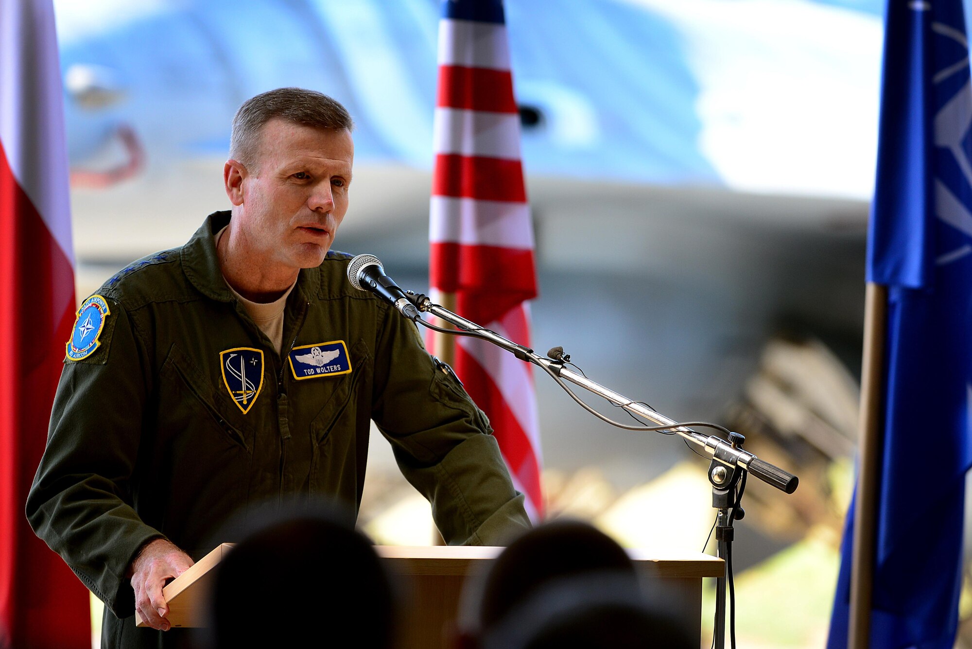 U.S. Air Force Gen. Tod D. Wolters, NATO Allied Air Command and U.S. Air Forces in Europe commander, expresses his thanks to the men and women of the Polish air force during the official Baltic Air Policing hand-over, take-over ceremony at Šiauliai Air Base, Lithuania, Aug. 30, 2017. The U.S. Air Force assumed control of Baltic Air Policing operations from the Polish air force to protect the sovereign skies above the Baltic region. (U.S. Air Force photo/ Tech. Sgt. Matthew Plew)
