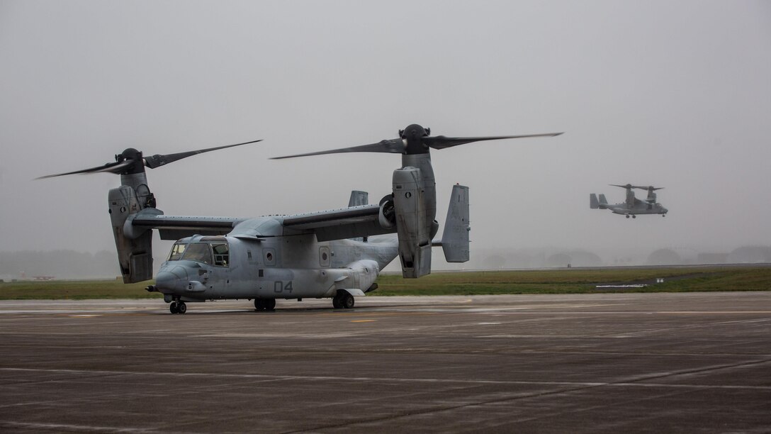 Two MV-22 Ospreys arrive at Misawa Air Base, Japan, August 11, 2017, in support of exercise Northern Viper 17. The exercise tests the interoperability and bilateral capability of the Japan Ground Self-Defense Force and U.S. Marine Corps forces to work together and provides the opportunity to conduct realistic training in an unfamiliar environment. The aircraft are assigned to Marine Medium Tiltrotor Squadron 262, Marine Aircraft Group 36, 1st Marine Aircraft Wing. (U.S. Marine Corps photo by Lance Cpl. Andy Martinez)