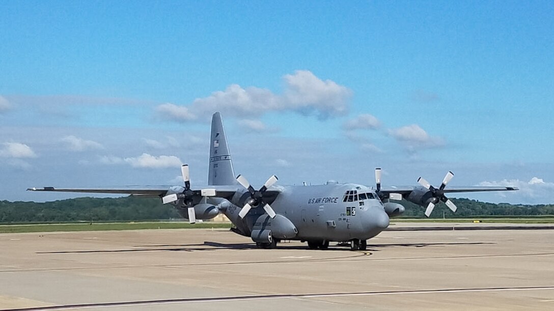 A C-130 Hercules cargo aircraft taxis the runway at Rosecrans Air National Guard Base, St. Joseph, Mo., Aug. 29, 2017. The aircrew, part of the 180th Airlift Squadron, Missouri Air National Guard, returned from an airlift mission supporting relief efforts from Hurricane Harvey where they transported Airmen from the 123rd Special Tactics Squadron, Kentucky Air National Guard, to Fort Hood, Texas. (U.S. Air National Guard photo by Master Sgt. Michael Crane)