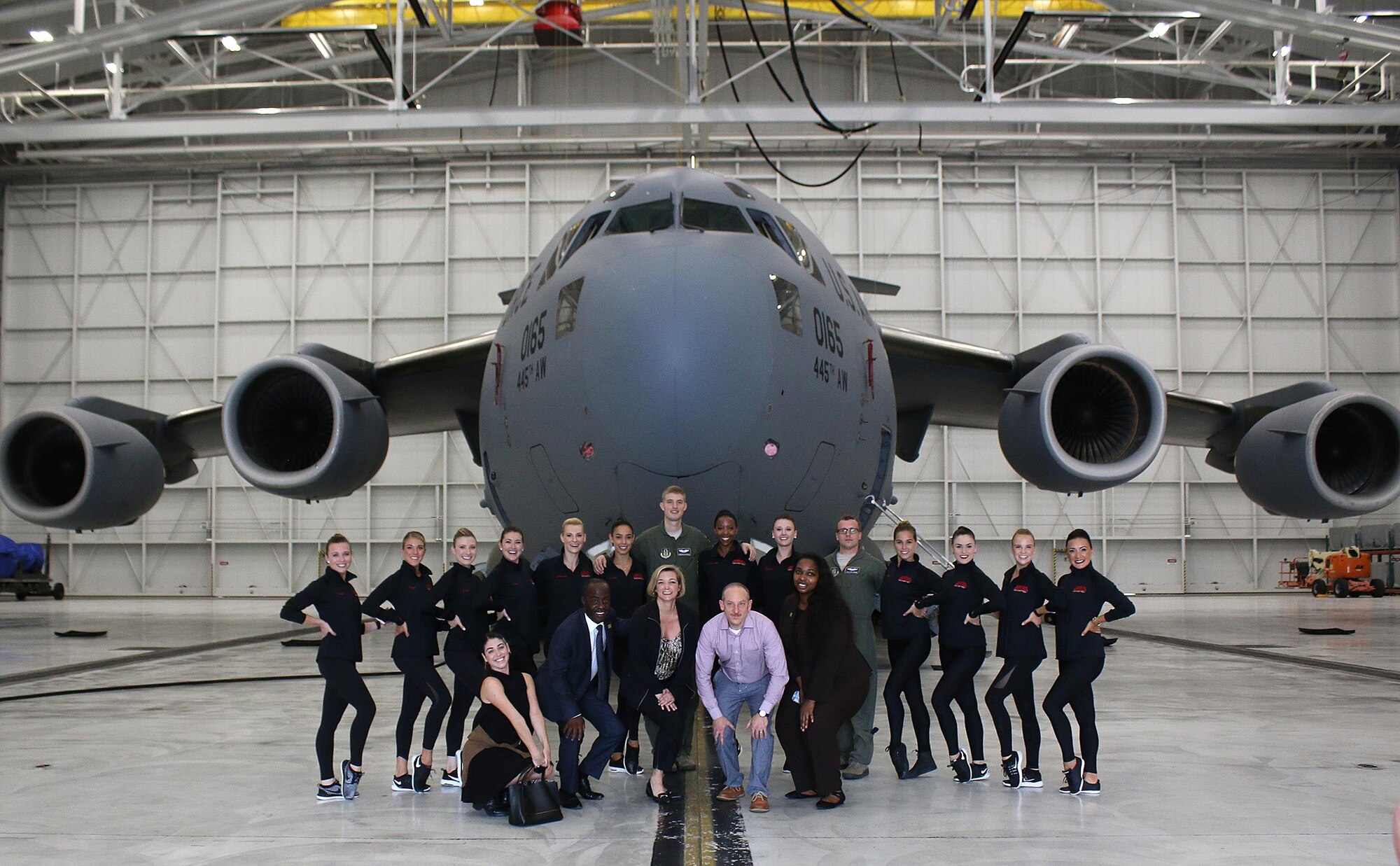 Members of the New York Rockettes toured a 445th Airlift Wing C-17 Globemaster III during their visit to the 445th Airlift Wing August 22, 2017.