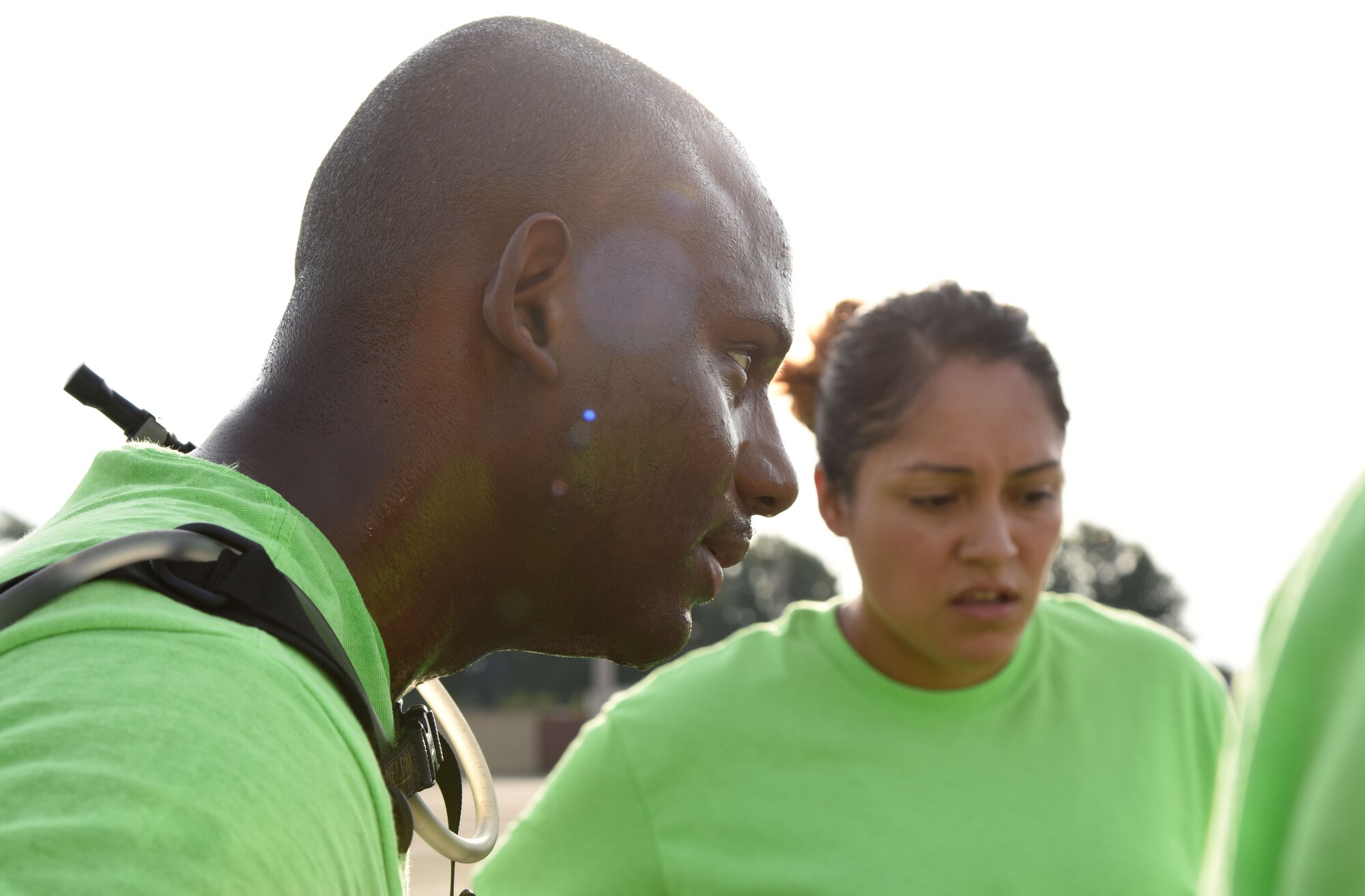 Team Rooftop members, Master Sgt. Joshua Wilson, 81st Medical Support Squadron, and Tech. Sgt. Angelica Santana, 81st Aerospace Medicine Squadron, participate in the Etchberger trivia challenge during the Senior Noncommissioned Officer Professional Enhancement Seminar Warrior Challenge Aug. 25, 2017, on Keesler Air Force Base, Mississippi. Keesler’s newest SNCOs also participated in physical strength activities as well as answering trivia questions about Keesler AFB and enlisted history. (U.S. Air Force photo by Kemberly Groue)