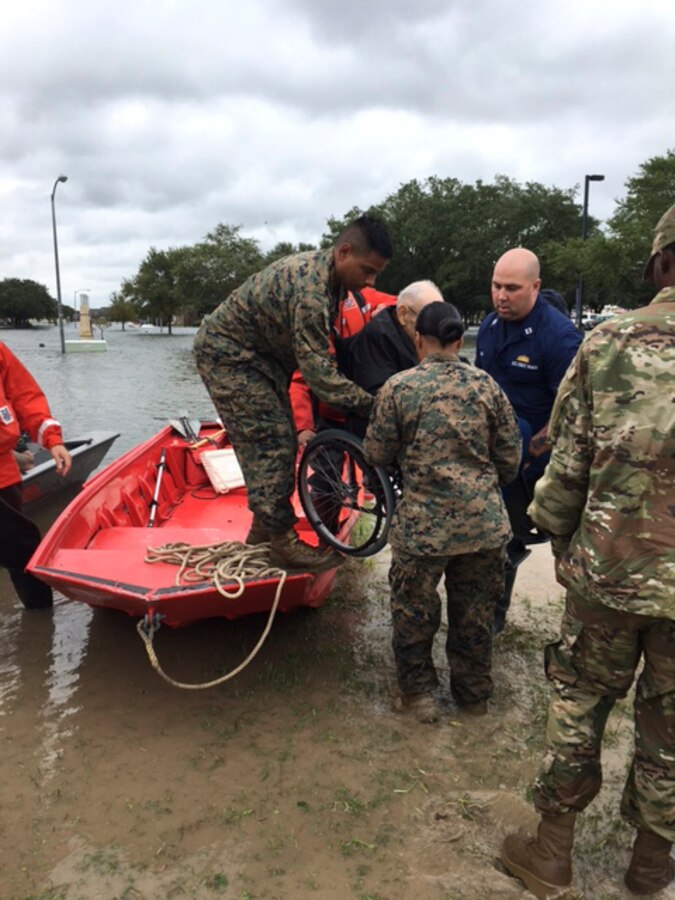 Marines with 4th Reconnaissance Battalion, 4th Marine Division, Marine Forces Reserve, participate in rescue operations in response to Hurricane Harvey in Katy, Texas, Aug. 30, 2017. Marine Forces Reserve is posturing ground, air and logistical assets in order to support FEMA, state and local response efforts due to Hurricane Harvey. The Marine Corps Reserve is America’s expeditionary total force in readiness whether on the battlefield or during national emergencies.