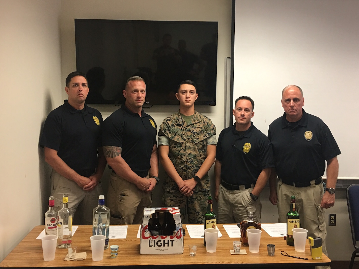 Military Policemen (MP) and Civilian Police Officers (CPO) from PMO MCB Quantico conducted a wet-lab as part of this year's annual Standard Field Sobriety Test (SFST) training.  Volunteers from various units aboard MCB Quantico assisted PMO by consuming alcohol in order to provide the MP's and CPO's with this invaluable training opportunity.