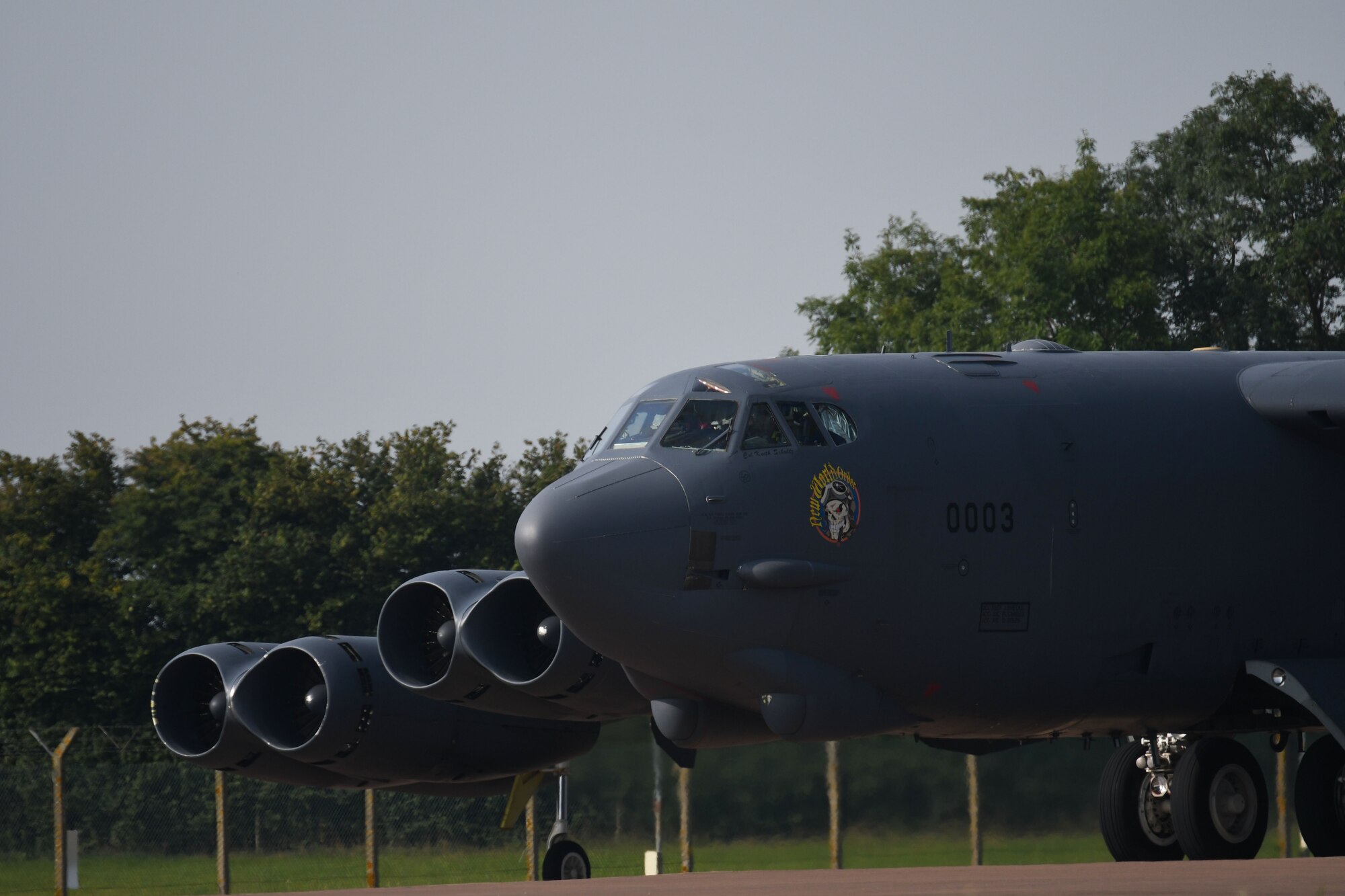 A B-52 Stratofortress, assigned to the 307th Bomb Wing, heads for the runway as it prepares for take off on the first day of Exercise Ample Strike at RAF Fairford, U.K., Aug. 28, 2017.
