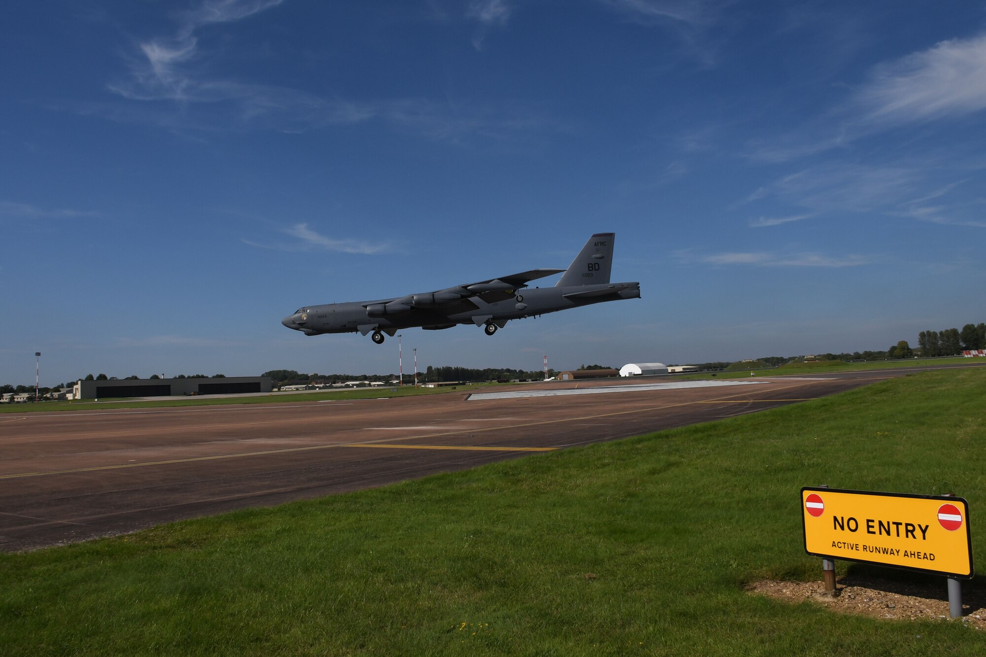 A B-52 Stratofortress, assigned to the 307th Bomb Wing, returns from a five-hour mission, the first of Exercise Ample Strike 2017, at RAF Fairford, U.K., Aug. 28, 2017.