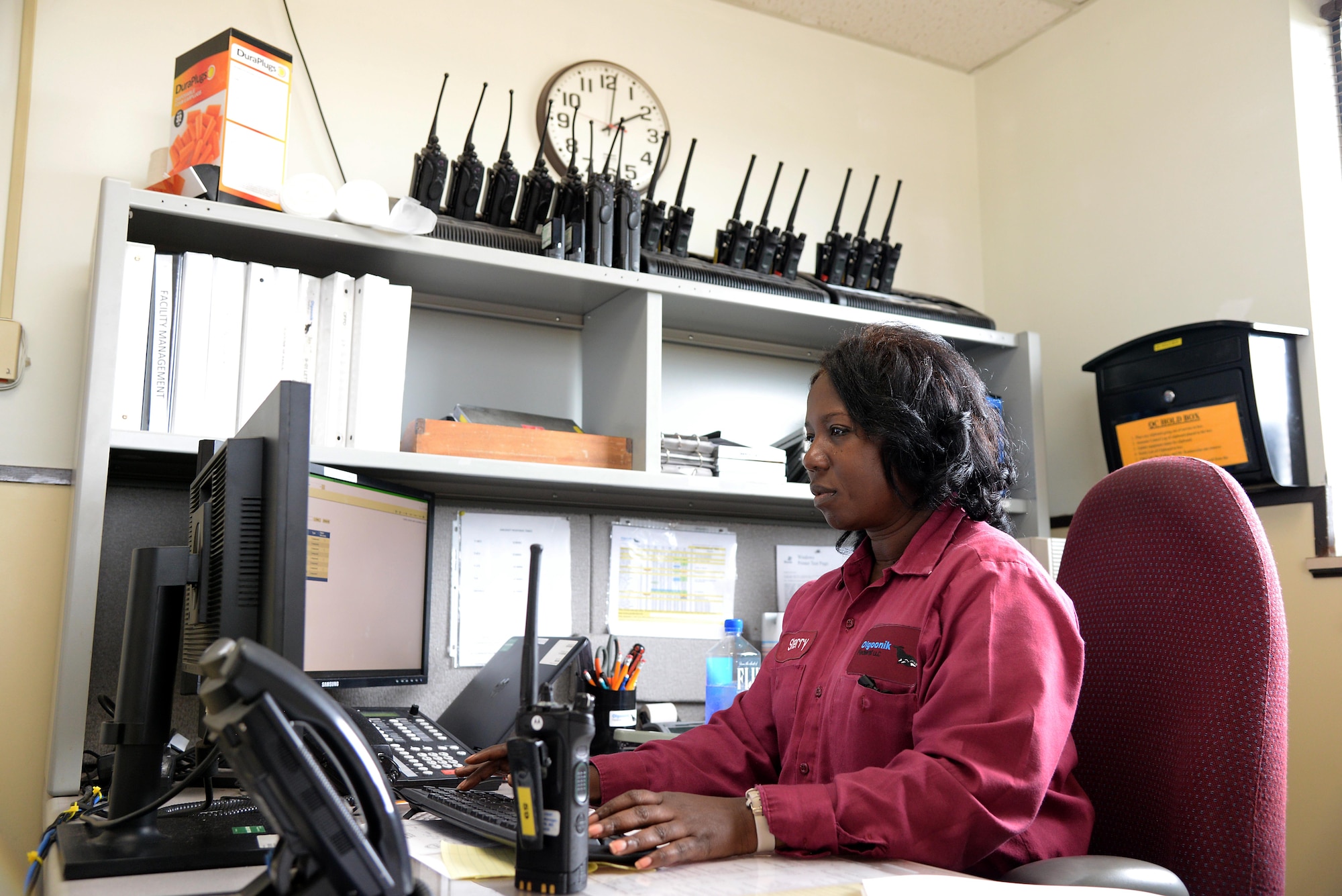 Sherry Voncee’, 14th Logistics Readiness Squadron fuels controller, listens to a request from the flightline to refuel an aircraft Aug. 28, 2017, on Columbus Air Force Base, Mississippi. She is in charge of all movement of fuels across the base and manages over 10 vehicles almost constantly throughout the day. (U.S. Air Force photo by Airman 1st Class Keith Holcomb)