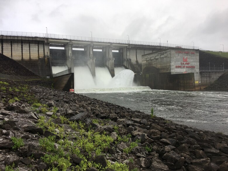 J. Percy Priest Dam in Nashville, Tenn., is spilling Aug. 31, 2017 to recover additional storage capacity as the remnants of Hurricane Harvey approaches the region. (USACE Photo by Amber Jones)