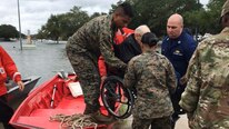 Marines with 4th Reconnaissance Battalion, 4th Marine Division, Marine Forces Reserve, participate in rescue operations in response to Hurricane Harvey in Katy, Texas, Aug. 30, 2017. Marine Forces Reserve is posturing ground, air and logistical assets in order to support FEMA, state and local response efforts due to Hurricane Harvey. The Marine Corps Reserve is America’s expeditionary total force in readiness whether on the battlefield or during national emergencies.