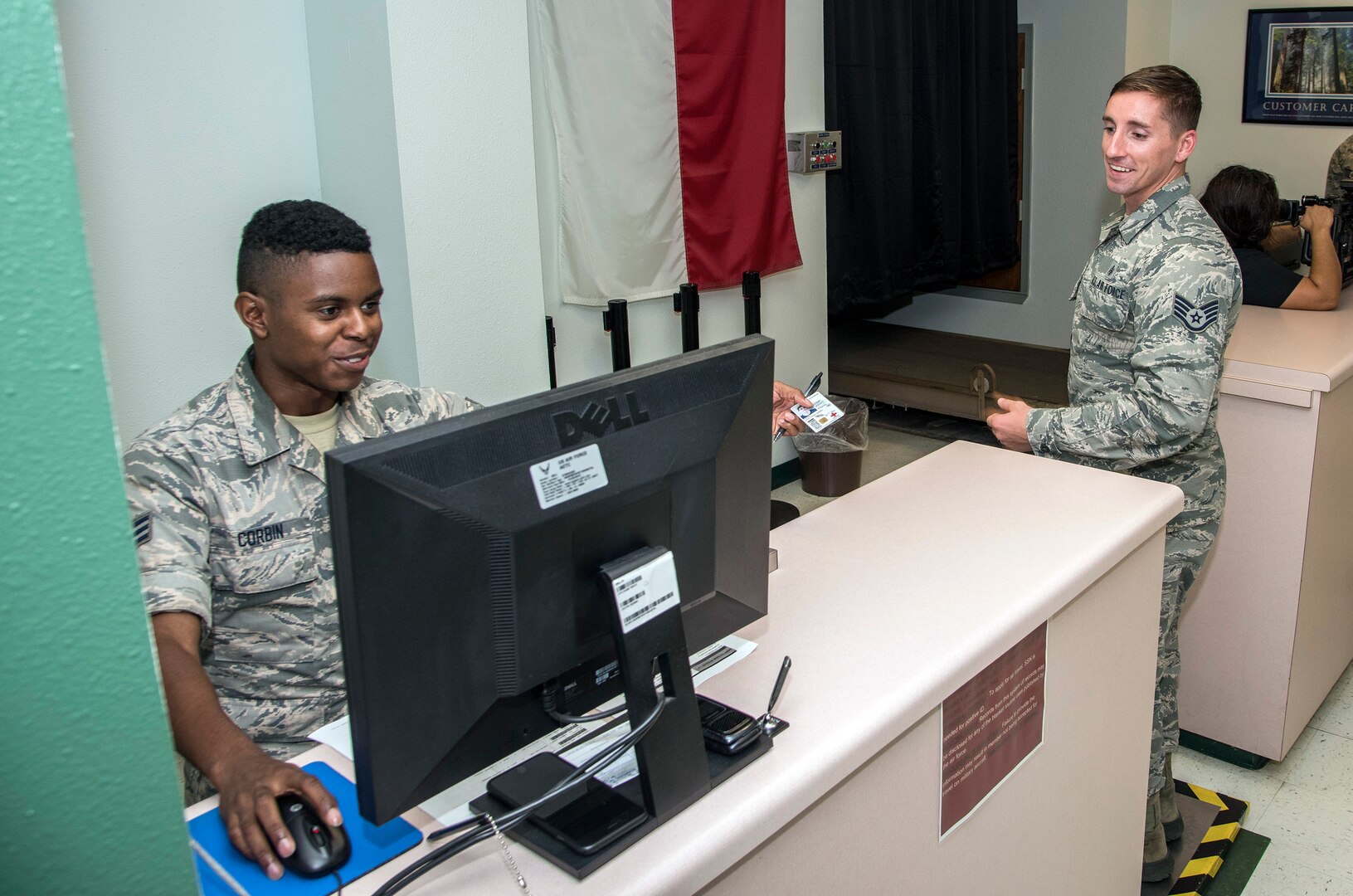 Senior Airmen Dominick Corbin, 502nd Logistics Readiness Squadron, processes Air Force medical personnel from Joint Base San Antonio-Lackland, Texas.