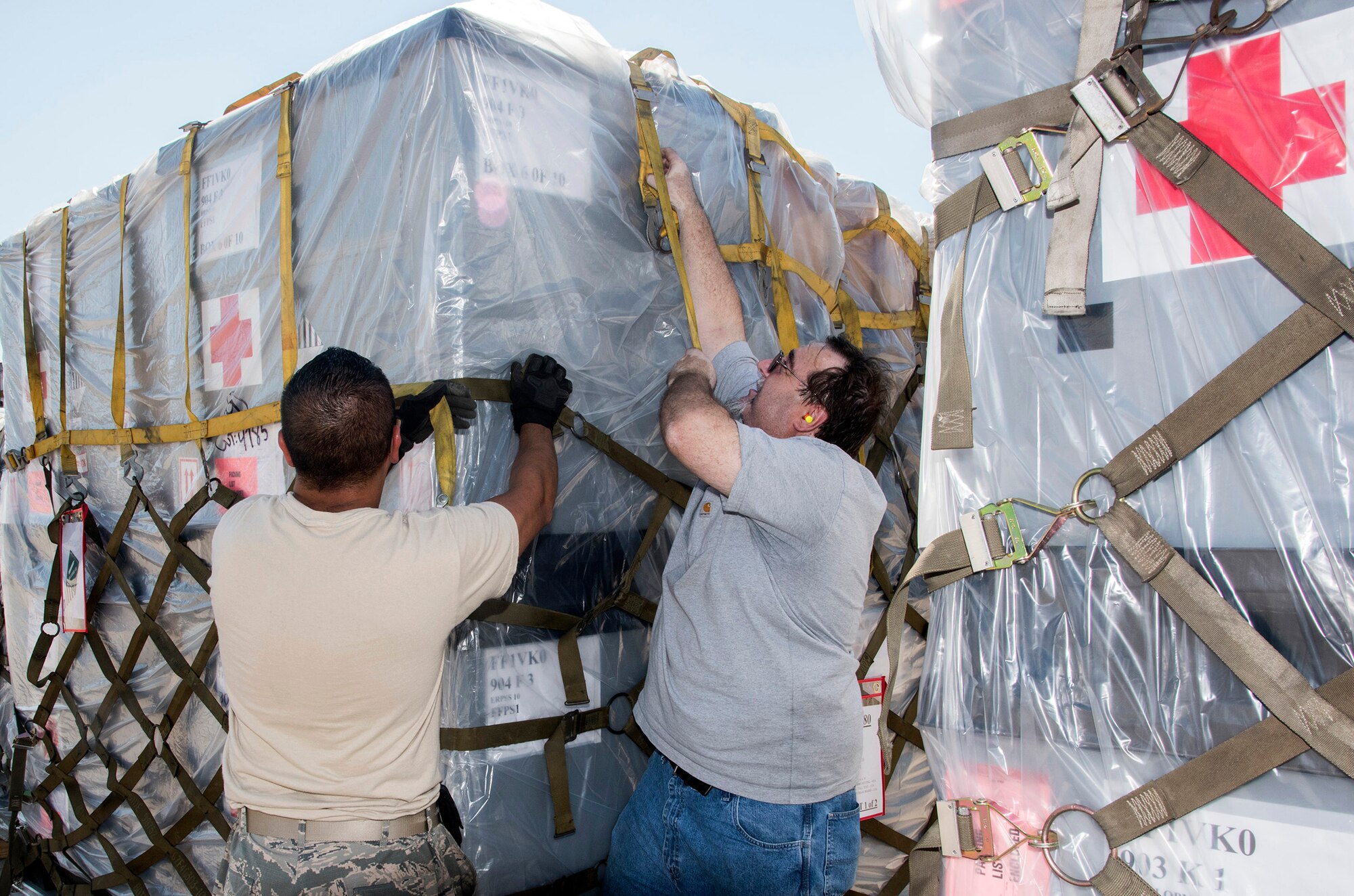502nd Logistics Readiness Squadron personnel load pallets containing medical supplies and equipment Aug. 30, 2017 at Joint Base San Antonio-Lackland, Texas.