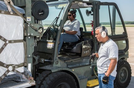 502nd Logistics Readiness Squadron personnel load pallets containing medical supplies and equipment Aug. 30, 2017 at Joint Base San Antonio-Lackland, Texas.