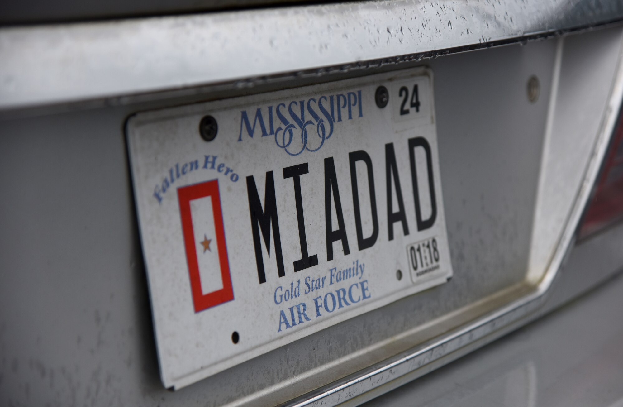 A Gold Star Family Member license plate is displayed on Nora Moore’s vehicle at the visitor center Aug. 29, 2017, on Keesler Air Force Base, Mississippi. As a surviving daughter of a missing in action service member, Moore is allowed to obtain an ID card for recognition and installation access so that she can attend events and access A&FRC referral services. She is Keesler’s first Gold Star Family Member. (U.S. Air Force photo by Kemberly Groue)