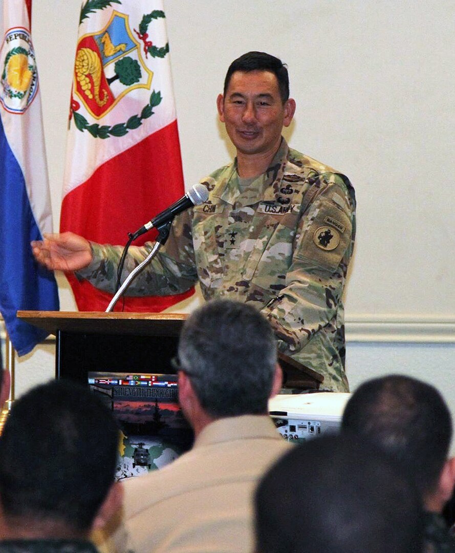 Maj. Gen. K.K. Chinn, commanding general of U.S. Army South, gives remarks at the closing ceremony of PANAMAX 2017 at Joint Base San Antonio-Fort Sam Houston Aug. 15.