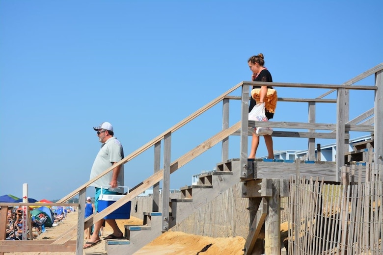 : People using a pedestrian crossover to the beach in Downtown Montauk, New York, August 16, 2017. The crossovers are part of a flood-control project by the U.S. Army Corps of Engineers, New York District, that ensures adequate public access to the beach.