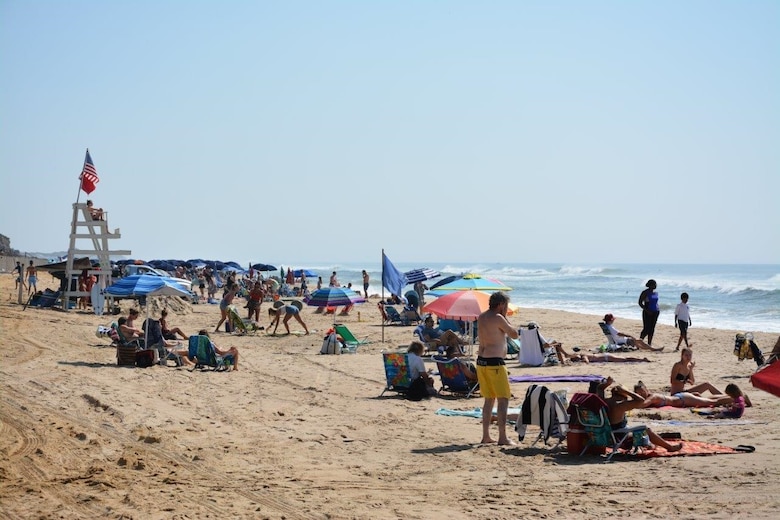 Beachgoers in Montauk, New York, on Long Island's east end, enjoying the sun, surf and cooling breezes of the Atlantic Ocean, August 16, 2017. The Montauk area is a major tourist attraction during the summer months.