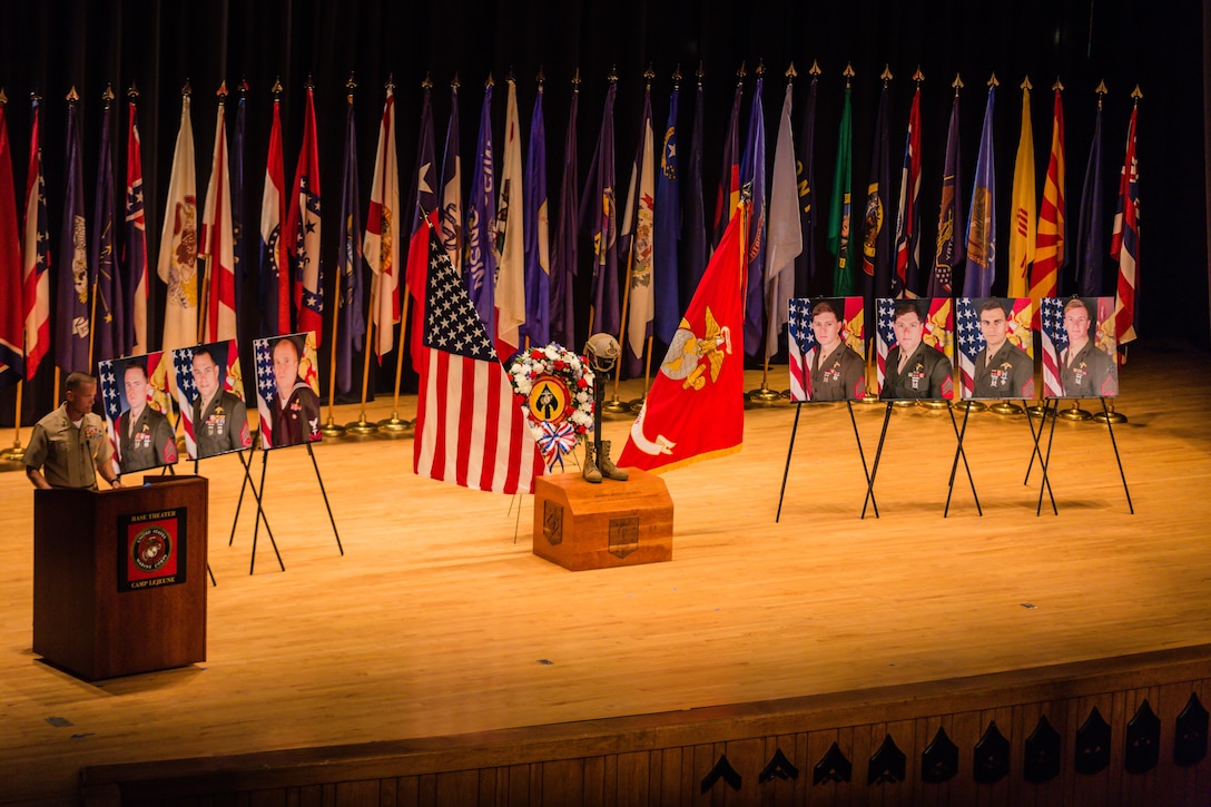 Maj. Gen. Carl E. Mundy III, U.S. Marine Corps Forces, Special Operations Command commander, gives a condolence speech during a celebration of life ceremony aboard Marine Corps Base Camp Lejeune, N.C., Aug. 31, 2017. The ceremony honored the seven MARSOC service members lost July 10 in a KC-130T Hercules transport aircraft crash. The seven included Staff Sgts. Robert Cox and William Kundrat, Navy special amphibious reconnaissance corpsman, Petty Officer 1st Class Ryan Lohrey , and Sgts. Chad Jenson, Dietrich Schmieman, Joseph Murray and Talon Leach. (U.S. Marine Corps photo by Sgt. Salvador R. Moreno, released)
