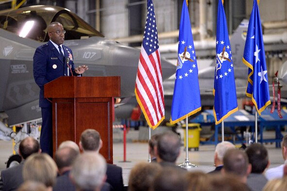 Brig. Gen. Stacey T. Hawkins, incoming Ogden Air Logistics Complex commander, addresses guests during the change of command ceremony at Hill Air Force Base, Utah, Aug. 31. Hawkins is a 26-year Air Force veteran and came from Scott AFB, Illinois, where he served as director of logistics, engineering and force protection for Air Mobility Command since May 2015. (U.S. Air Force photo by Todd Cromar)