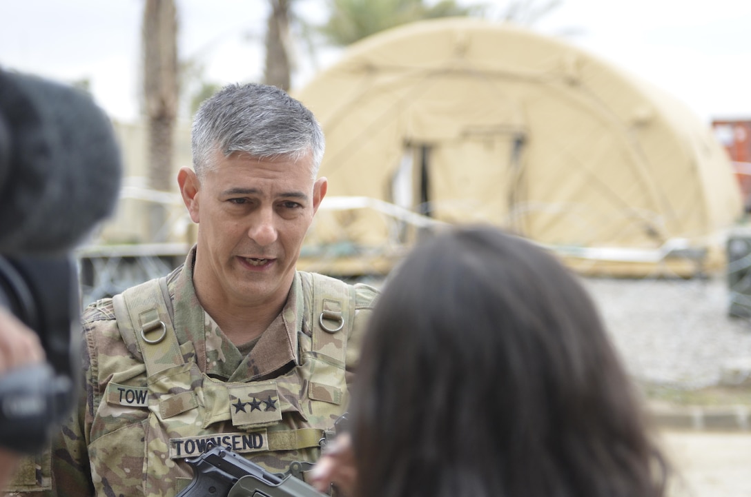 Army Lt. Gen. Stephen J. Townsend, commander of Operation Inherent Resolve, speaks with a reporter.