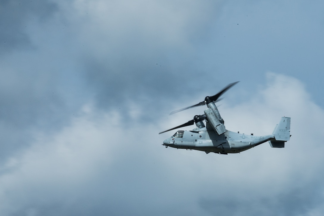 A U.S. Marine Corps MV-22B Osprey with Marine Medium Tiltrotor Squadron (VMM) 162 (REIN), 26th Marine Expeditionary Unit (MEU), flies above Marine Corps Air Station New River, N.C., Aug. 31, 2017.