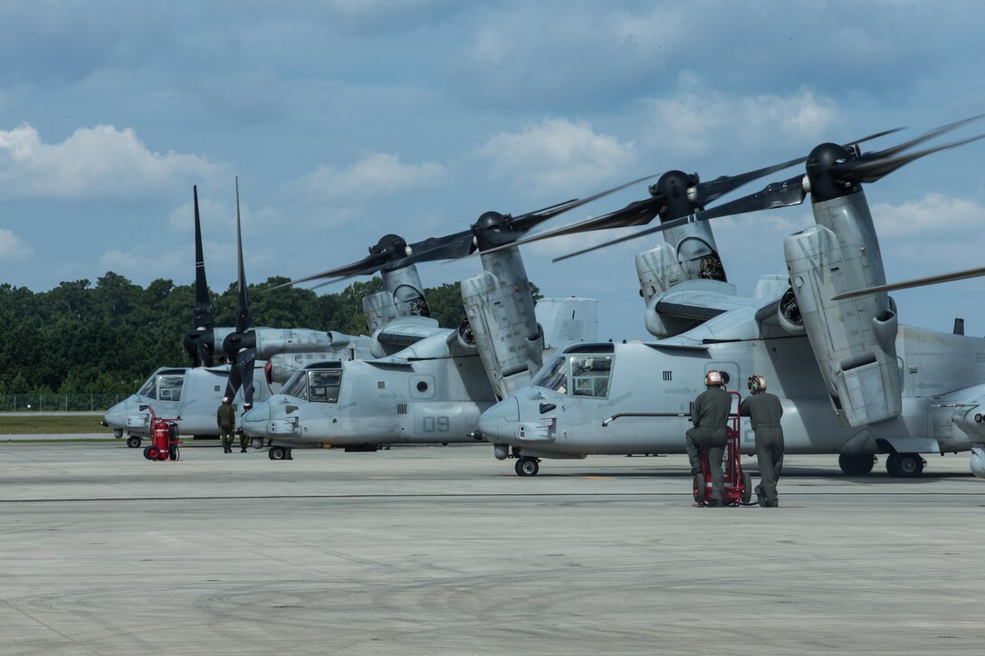 U.S. Marine Corps MV-22B Ospreys with Marine Medium Tiltrotor Squadron (VMM) 162 (REIN), 26th Marine Expeditionary Unit (MEU), prepare for takeoff in support of the Defense Support to Civil Authority (DSCA) mission at Marine Corps Air Station New River, N.C., Aug. 31, 2017.