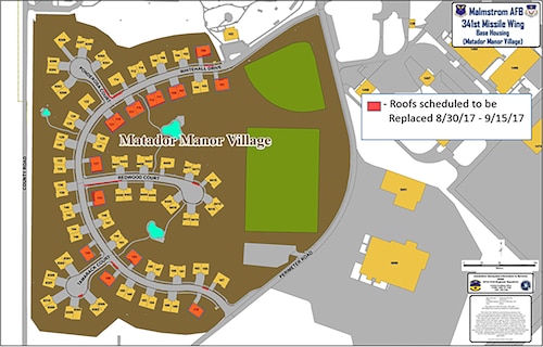 A map depicting homes in base housing that will have their roofs replaced at Malmstrom Air Force Base, Mont. (Courtesy photo)