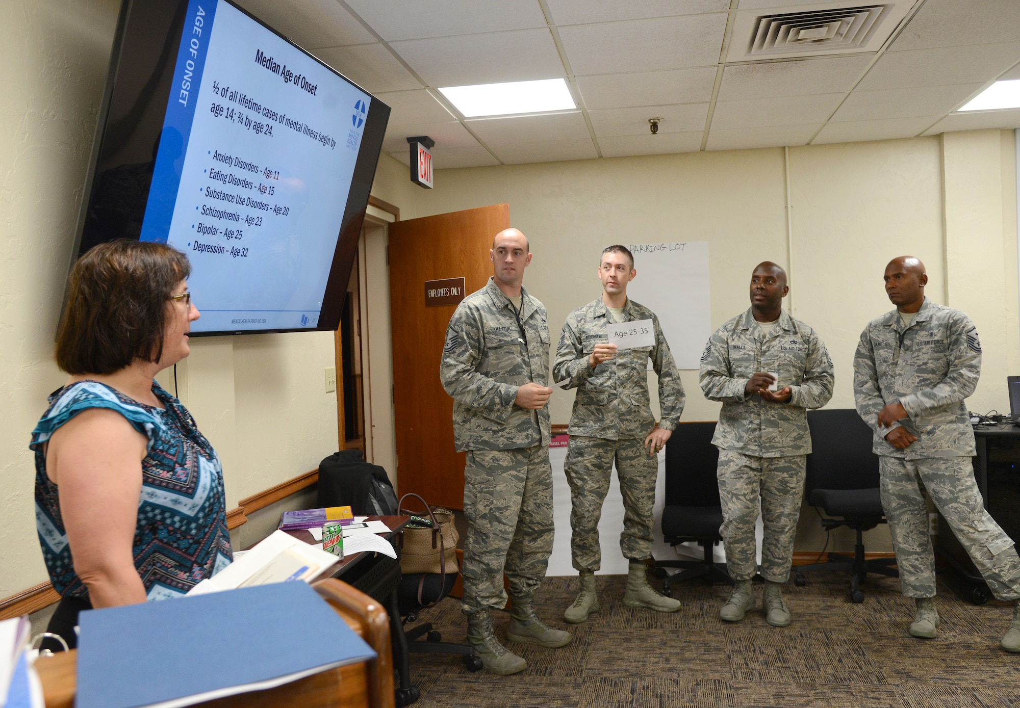 Community Support Coordinator Karen Blackwell leads an interactive activity during a Youth Mental Health First Aid Course Aug. 1 with Master Sgt. Nathan Thaxton, with the 373rd Training Squadron, and First Sgts. Tommy Stidham, with the 960th Airborne Air Control Squadron, David Wall, with the 963rd Airborne Air Control Squadron, and Enoch Daniels, with the 552nd Operations Support Squadron.