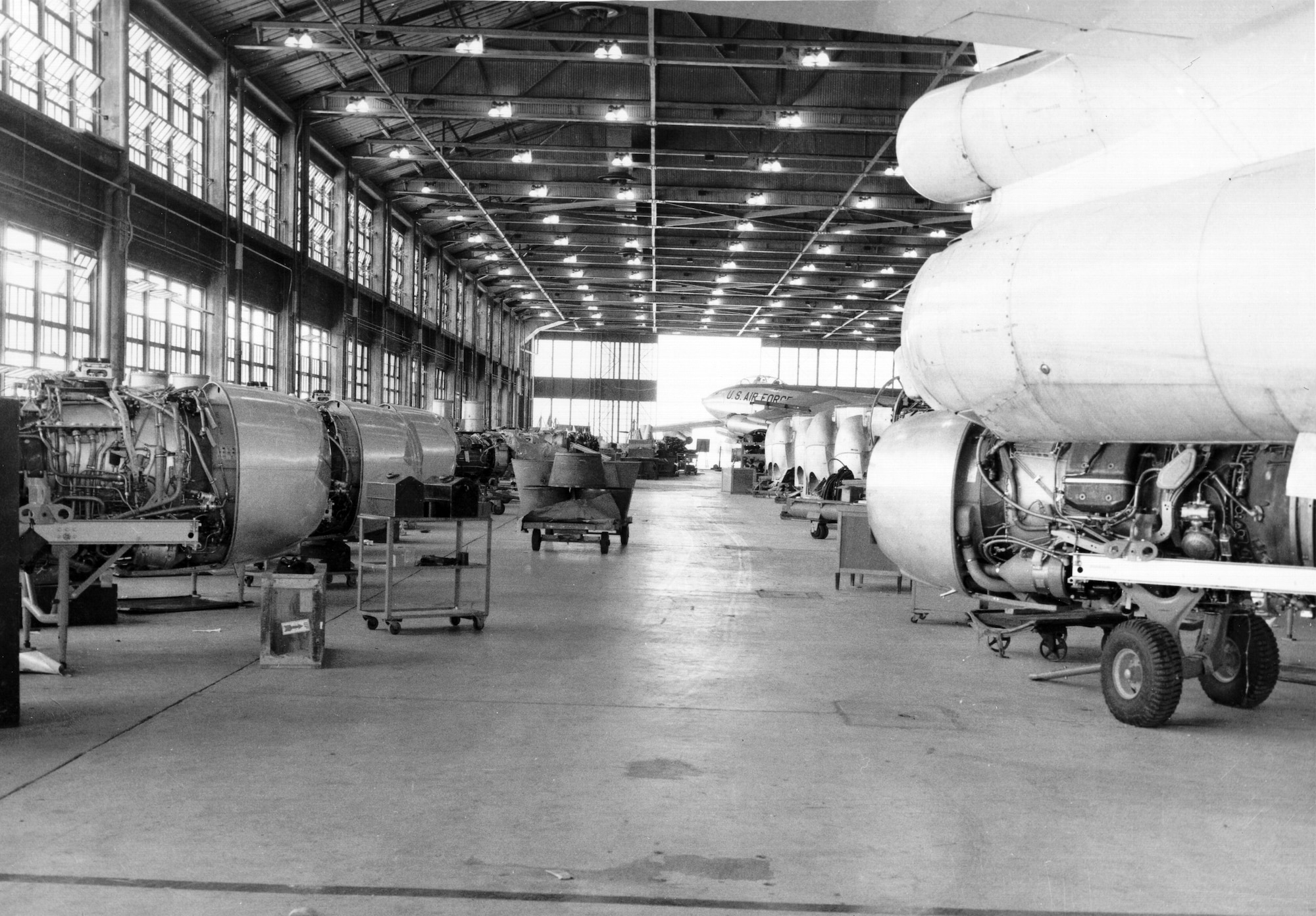 General Electric J47 engines are scattered throughout this photo of B-47 Stratojets being processed at the Oklahoma City Air Materiel Area in May 1956. The B-47 used six J47 engines.