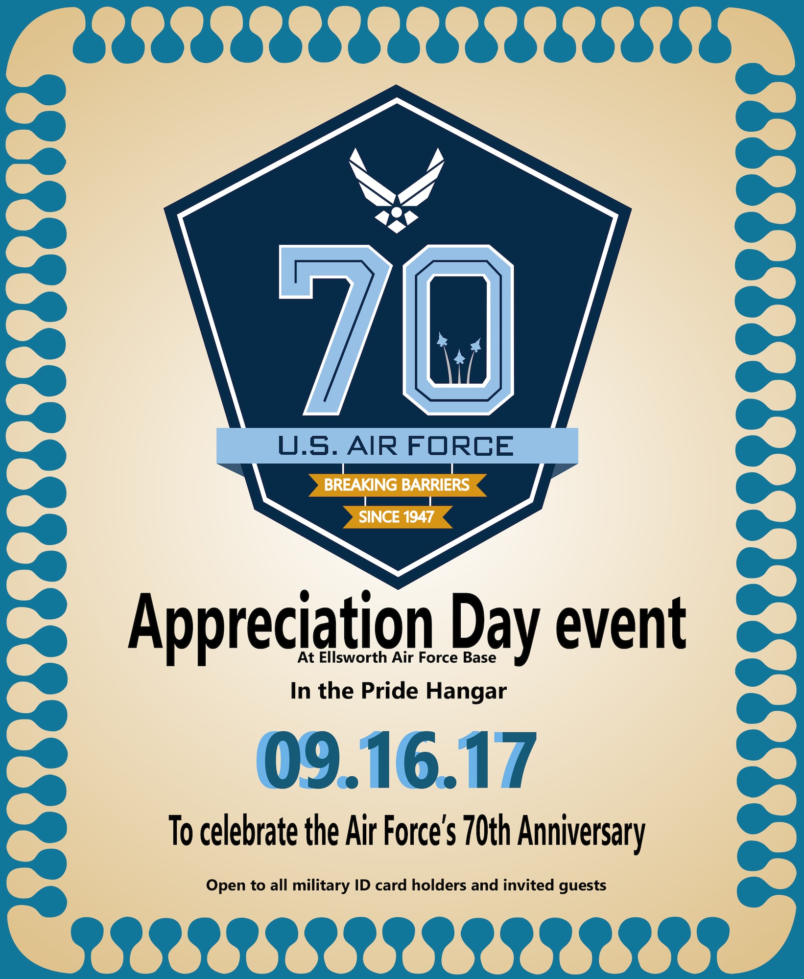 Ellsworth AFB is hosting an Appreciation Day event, Sep. 16, 2017 from 9 a.m. to 3 p.m., at the Pride Hangar. The event will feature the Air Force's 70th Anniversary, focusing on the innovation, teamwork and heritage of our Airmen.