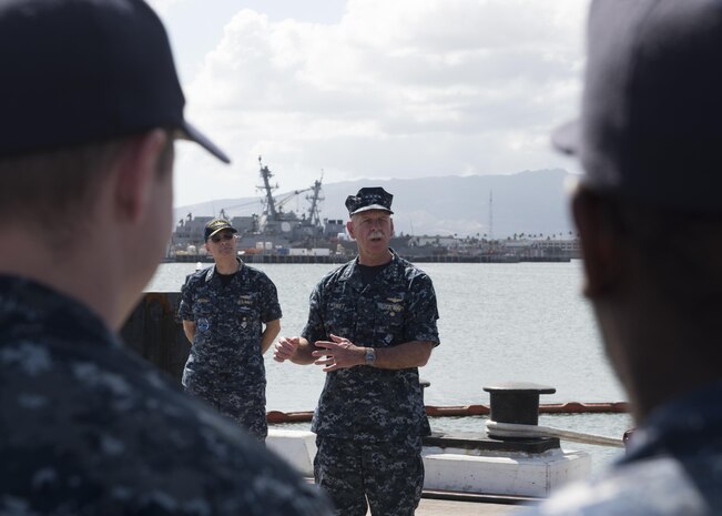 170830-N-KV911-104 PEARL HARBOR, Hawaii (Aug. 30, 2017) Adm. Scott Swift, commander, U.S. Pacific Fleet presents the Arleigh Burke Fleet Trophy to the crew of the Virginia-class fast-attack submarine USS Mississippi (SSN 782). The trophy is awarded to a ship that best represents the fleet, achieving the best overall improvement in battle efficiency, and is presented annually to the most-improved ships or aviation squadrons in both the Atlantic and Pacific Fleets. (U.S. Navy photo by Mass Communication Specialist 2nd Class Shaun Griffin)