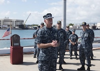 170830-N-KV911-104 PEARL HARBOR, Hawaii (Aug. 30, 2017) Adm. Scott Swift, commander, U.S. Pacific Fleet presents the Arleigh Burke Fleet Trophy to the crew of the Virginia-class fast-attack submarine USS Mississippi (SSN 782). The trophy is awarded to a ship that best represents the fleet, achieving the best overall improvement in battle efficiency, and is presented annually to the most-improved ships or aviation squadrons in both the Atlantic and Pacific Fleets. (U.S. Navy photo by Mass Communication Specialist 2nd Class Shaun Griffin)