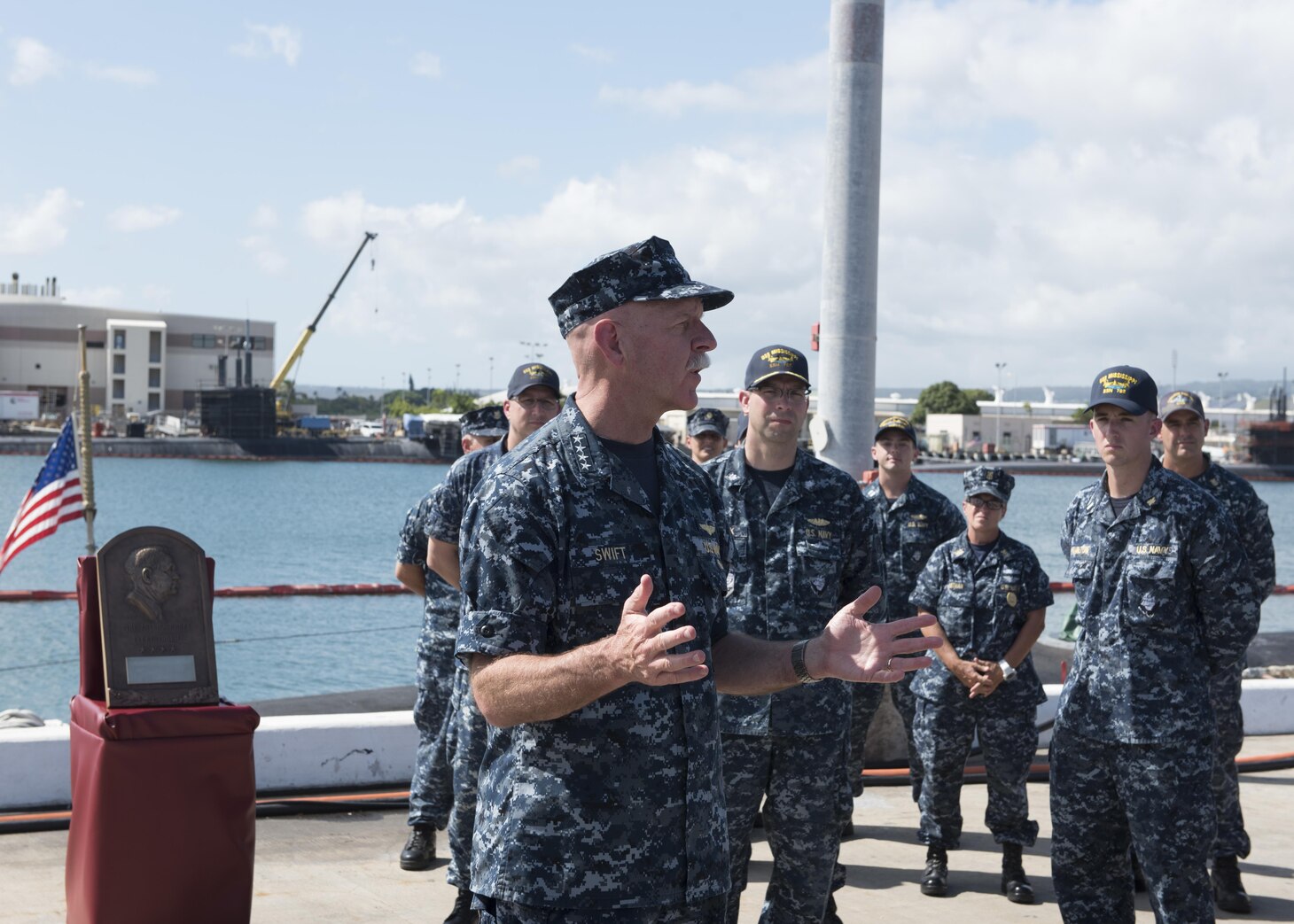 170830-N-KV911-104 PEARL HARBOR, Hawaii (Aug. 30, 2017) Adm. Scott Swift, commander, U.S. Pacific Fleet presents the Arleigh Burke Fleet Trophy to the crew of the Virginia-class fast-attack submarine USS Mississippi (SSN 782). The trophy is awarded to a ship that best represents the fleet, achieving the best overall improvement in battle efficiency, and is presented annually to the most-improved ships or aviation squadrons in both the Atlantic and Pacific Fleets. (U.S. Navy photo by Mass Communication Specialist 2nd Class Shaun Griffin)