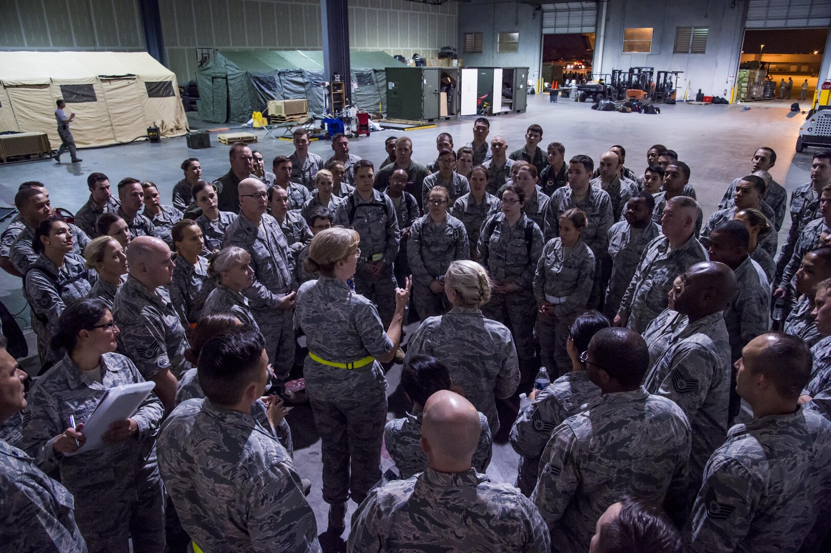 The Warrior Medics from the 59th Medical Wing, Joint Base San Antonio-Lackland, Texas, muster together at the George Bush Intercontinental Airport in Houston, Texas, concerning the response and relief efforts following the devastation caused by Hurricane Harvey, August 30, 2017. The 59th MDW is part of a larger Department of Defense presence in an effort to aid eastern Texas following a record amount of rainfall and flooding. (U.S. Air Force photo/Senior Airman Keifer Bowes)