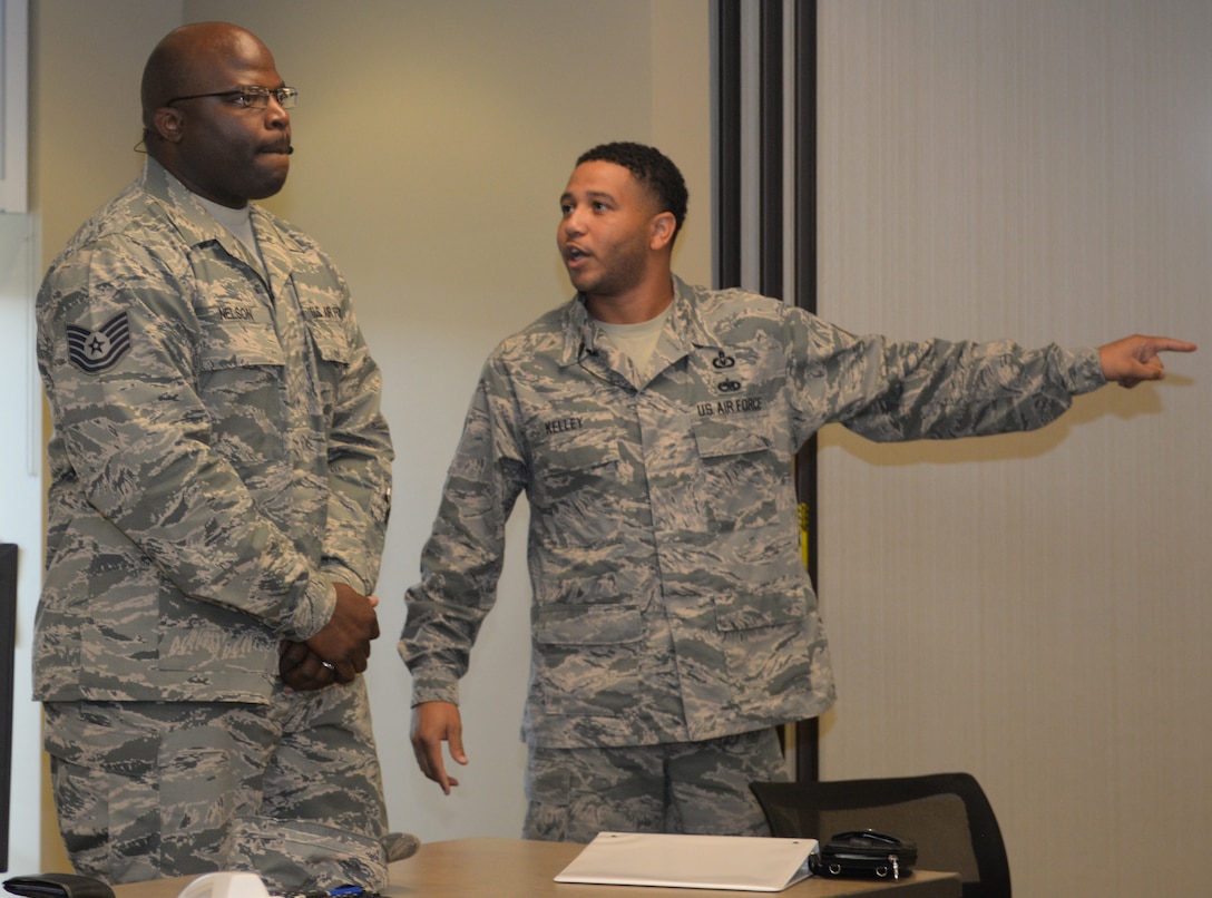 Master Sgt. Kelley, portraying a First Sergeant, scolds Tech. Sgt. Nelson, portraying a front-line supervisor about ignoring his Airman Aug. 30, 2017 on Ellsworth Air Force Base.