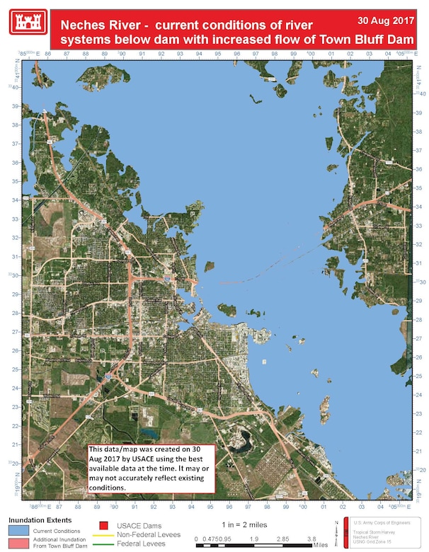 Neches River - current conditions of river systems downstream from Town Bluff Dam with increased flow from Town Bluff Dam. This map was created on August 30, 2017 with best available data at the time. It may or may not accurately reflect existing conditions.