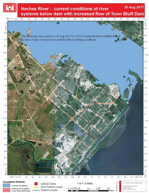 Neches River - current conditions of river systems downstream from Town Bluff Dam with increased flow from Town Bluff Dam. This map was created on August 30, 2017 with best available data at the time. It may or may not accurately reflect existing conditions.