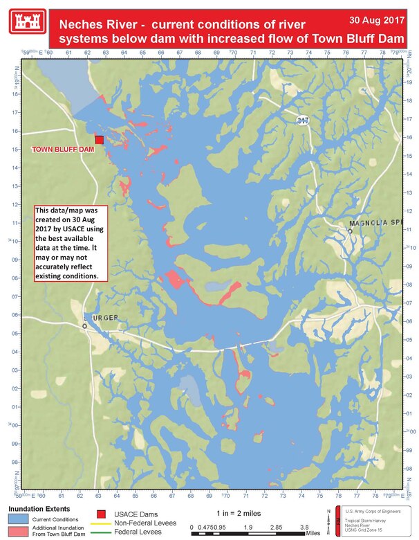 Neches River - current conditions of river systems downstream from Town Bluff Dam with increased flow from Town Bluff Dam. This map was created on August 30, 2017 with best available data at the time. It may or may not accurately reflect existing conditions.