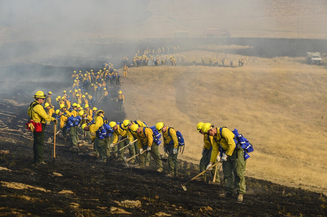 Dozens of guardsmen check for hot spots across a field.