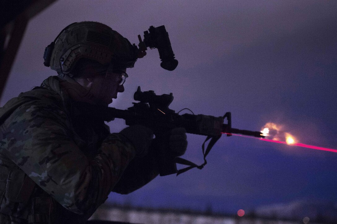 An airman fires an M4 carbine during training.