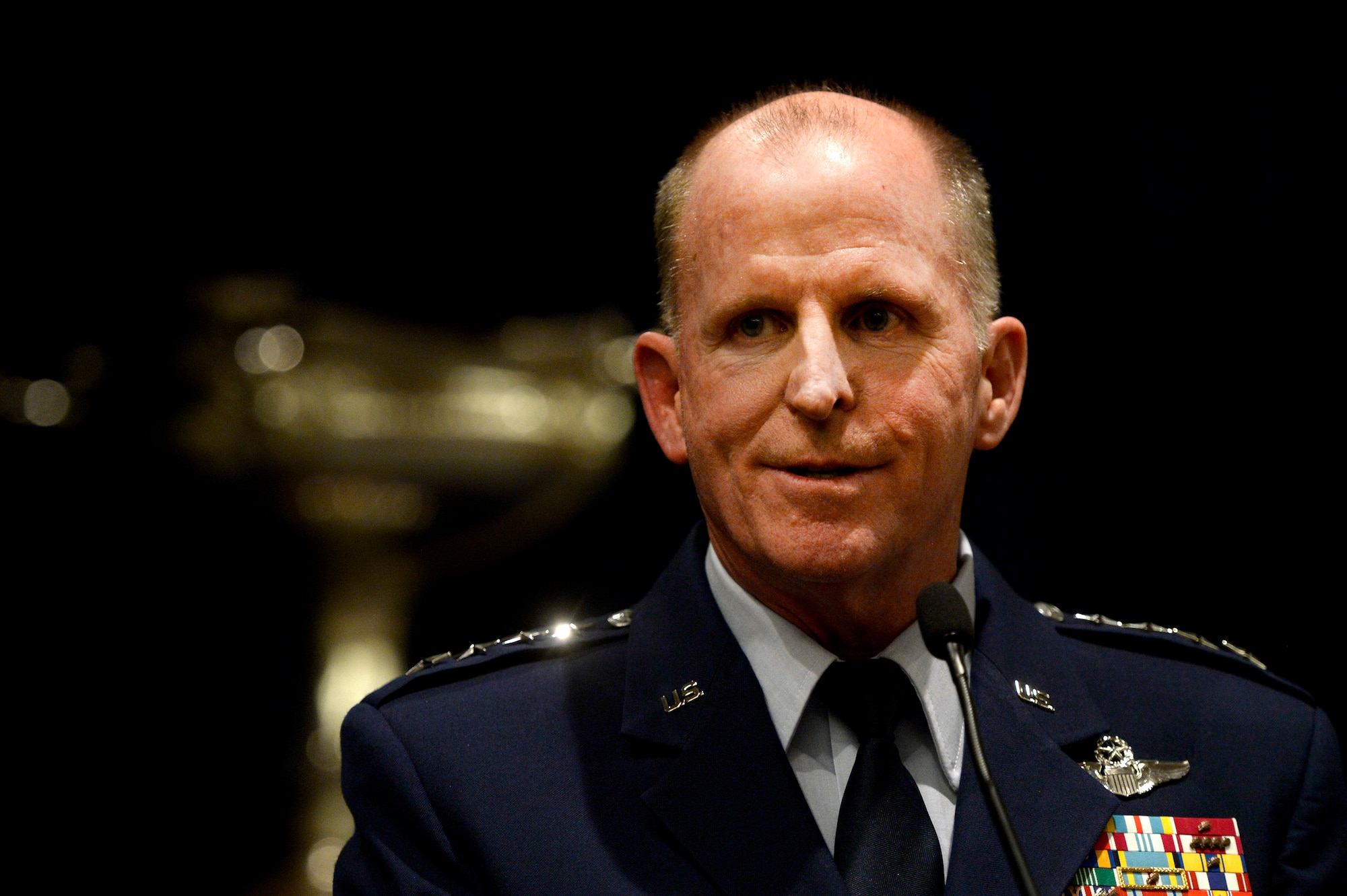 Air Force Vice Chief of Staff Gen. Stephen W. Wilson speaks during an award dinner in Arlington, Va., Nov. 29, 2017. During the dinner Wilson presented members of the AC-130U Gunship aircrew known as "Spooky 43" the Mackay Trophy. First awarded in 1912, the Mackay Trophy honors the most meritorious U.S. Air Force flight of the previous year. (U.S. Air Force photo by Staff Sgt. Rusty Frank)