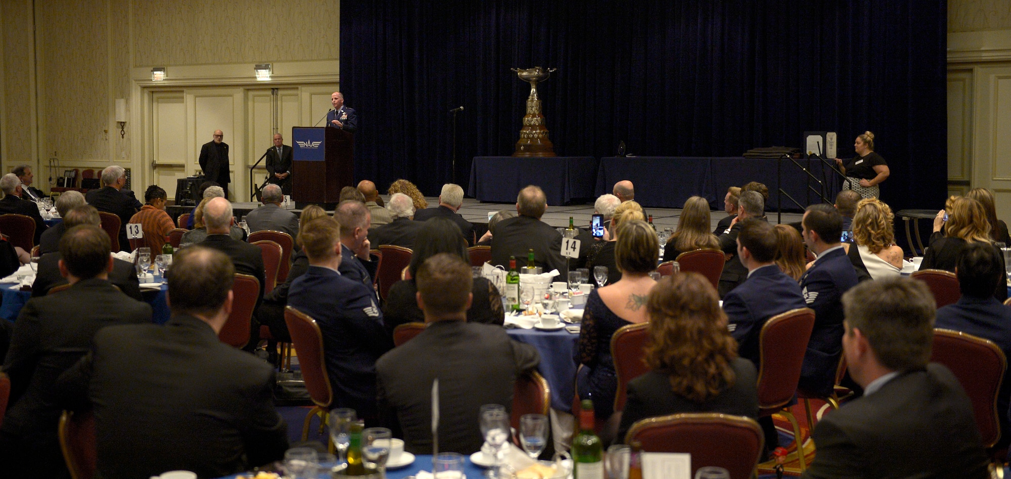 Air Force Vice Chief of Staff Gen. Stephen W. Wilson speaks during an award dinner in Arlington, Va., Nov. 29, 2017. During the dinner Wilson presented members of the AC-130U Gunship aircrew known as "Spooky 43" the Mackay Trophy. First awarded in 1912, the Mackay Trophy honors the most meritorious U.S. Air Force flight of the previous year. (U.S. Air Force photo by Staff Sgt. Rusty Frank)