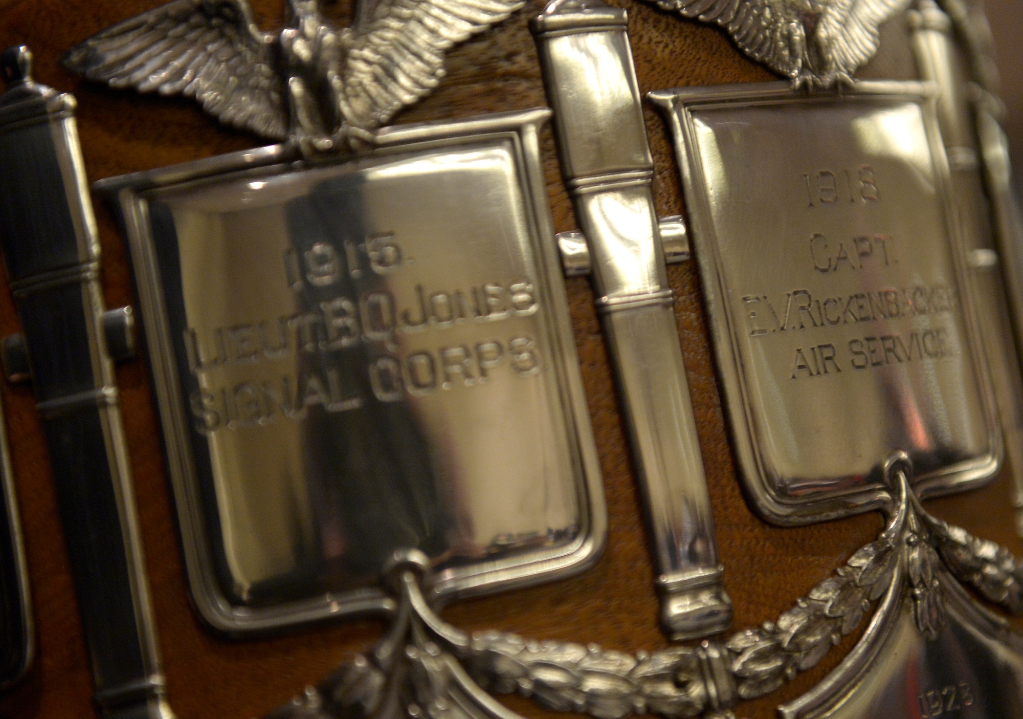 Names of famous aviators adorn the Mackay Trophy in Arlington, Va., Nov. 29, 2017. First awarded in 1912, the Mackay Trophy honors the most meritorious U.S. Air Force flight of the previous year. (U.S. Air Force photo by Staff Sgt. Rusty Frank)