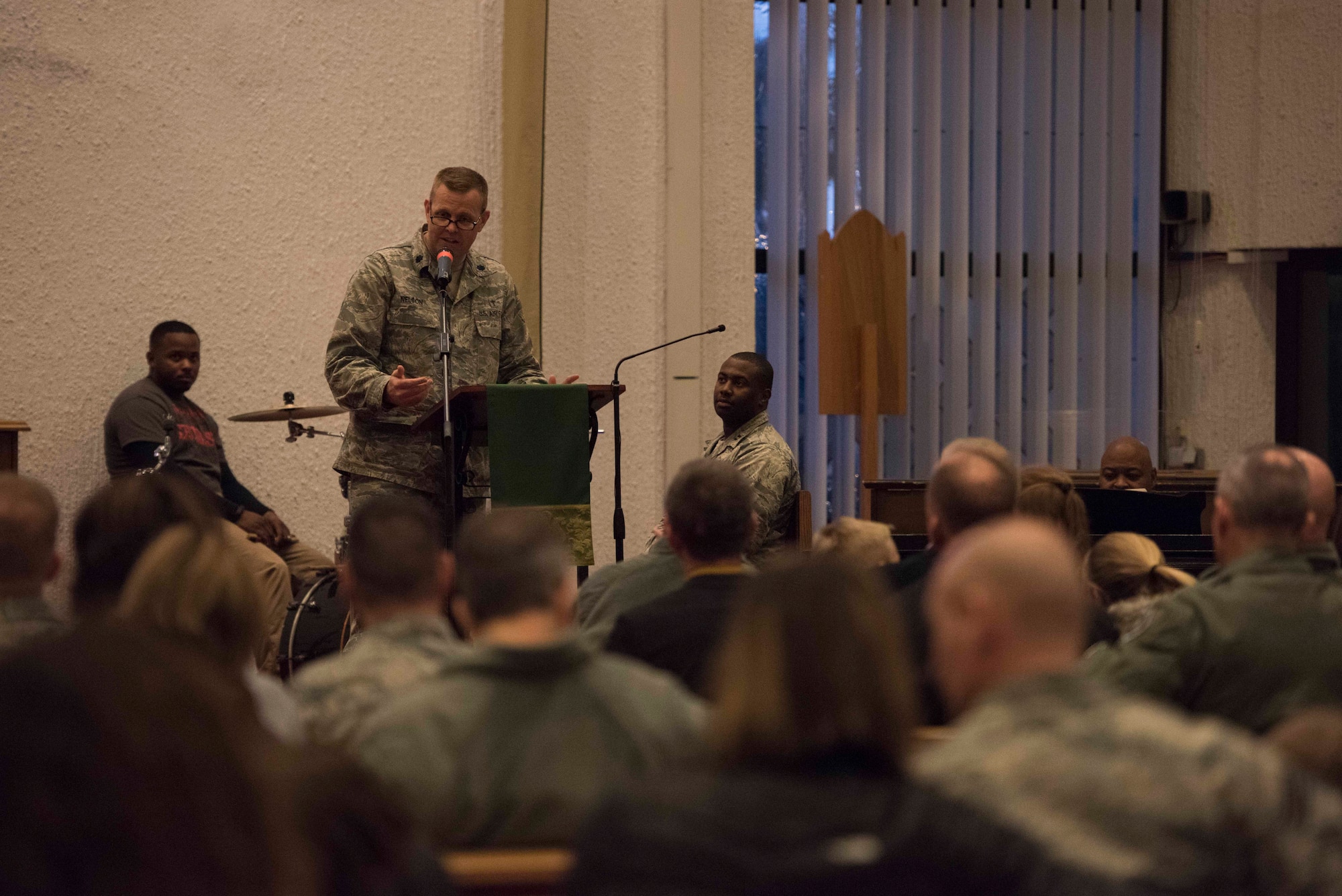 U.S. Air Force Chaplain (Lt. Col.) Erik Nelson, 86th Airlift Wing, speaks during the base Christmas tree lighting ceremony at Ramstein Air Base, Germany, Nov. 29, 2017. The base tree was donated by the mayor of Ramstein-Miesenbach in 2010. (U.S. Air Force photo by Airman 1st Class Devin M. Rumbaugh)
