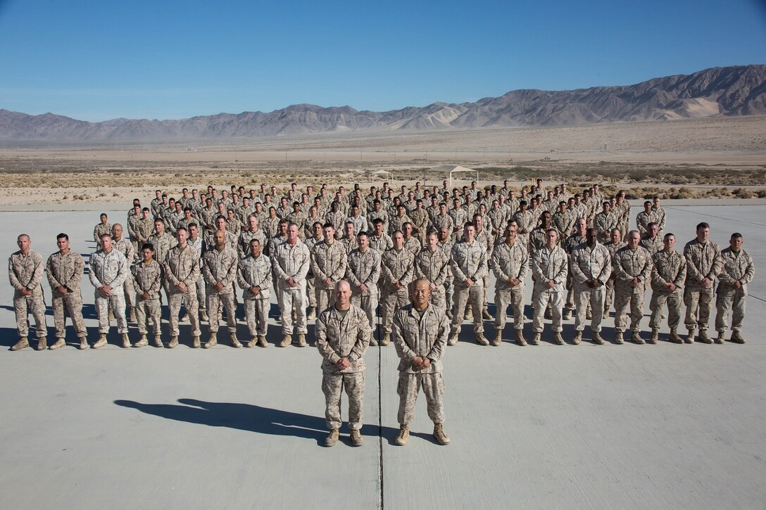Marines with Headquarters Company, Marine Air Ground Task Force 5, pose for a group photo during Integrated Training Exercise 1-18, November, 2017.