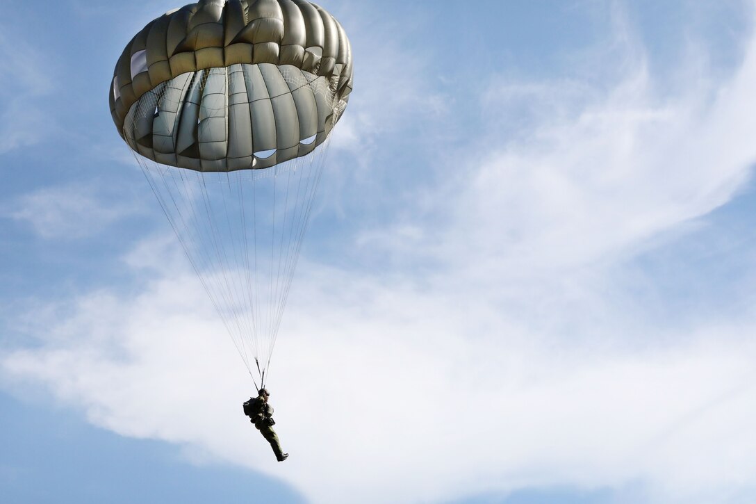 A jumpmaster prepares to land after jumping from a UH-60 Black Hawk helicopter during the 20th Annual Randy Oler Memorial Operation Toy Drop at Luzon drop zone, Fort Bragg, N.C.