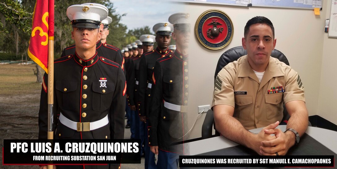 Private First Class Luis A. Cruzquinones graduated Marine Corps recruit training Dec. 1, 2017, aboard Marine Corps Recruit Depot Parris Island, South Carolina. Cruzquinones was the Honor Graduate of platoon 3090. Cruzquinones was recruited by Sgt. Manuel E. Camachopaones from Recruiting Substation San Juan. (U.S. Marine Corps photo by Lance Cpl. Jack A. E. Rigsby)